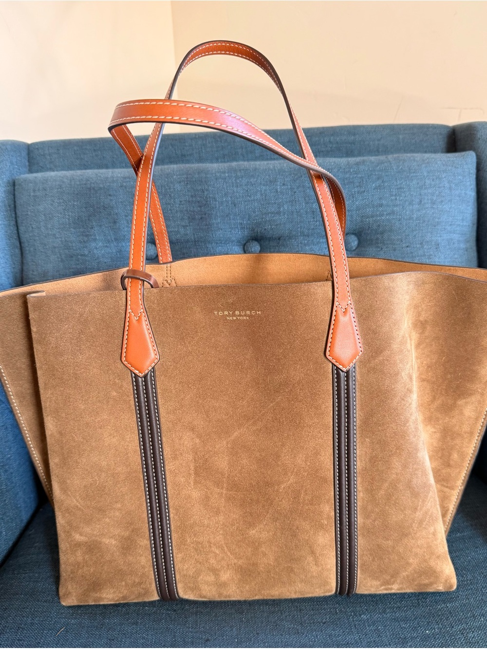 Tory Burch Perry Brown Suede Tote Bag with Tan Leather Straps